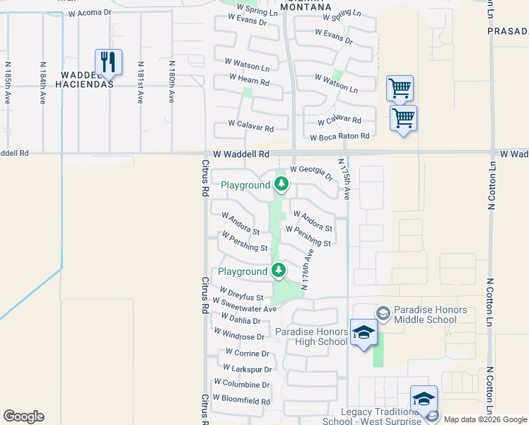 map of restaurants, bars, coffee shops, grocery stores, and more near 13398 North 177th Drive in Surprise