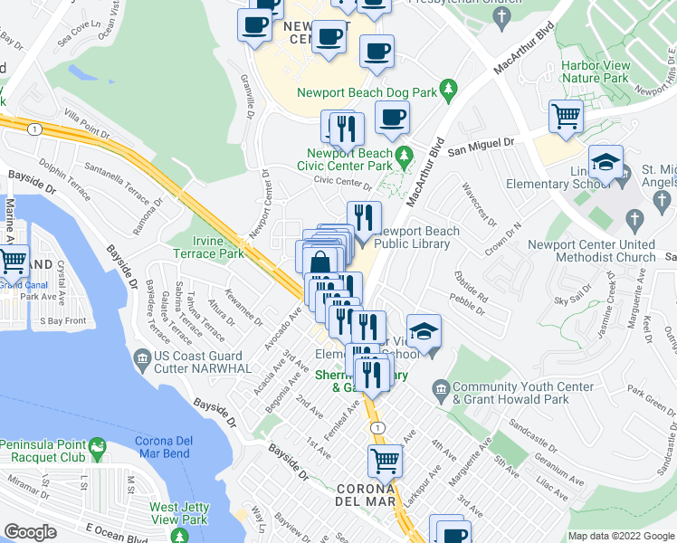 map of restaurants, bars, coffee shops, grocery stores, and more near 894 Avocado Avenue in Newport Beach