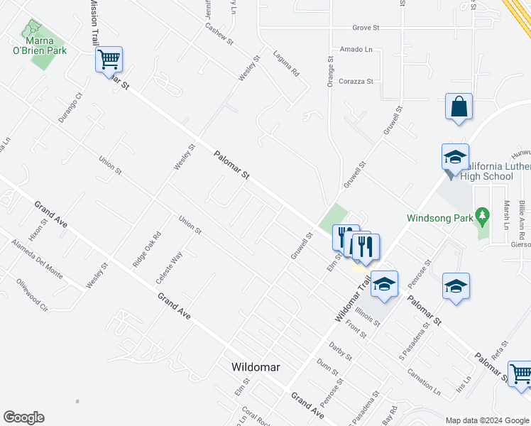 map of restaurants, bars, coffee shops, grocery stores, and more near 32564 Ascot Hill Circle in Wildomar