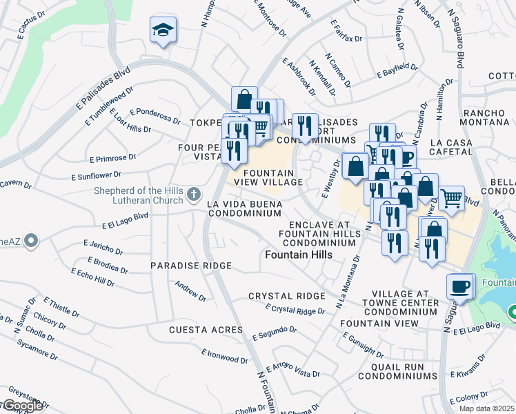 map of restaurants, bars, coffee shops, grocery stores, and more near 13237 North Vandalia Drive in Fountain Hills
