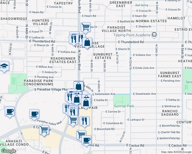 map of restaurants, bars, coffee shops, grocery stores, and more near 4916 East Surrey Avenue in Scottsdale