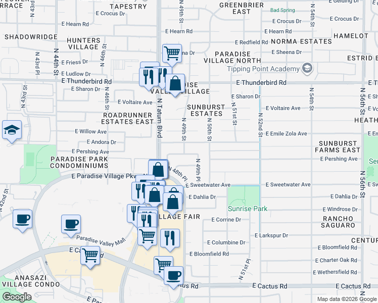 map of restaurants, bars, coffee shops, grocery stores, and more near 4916 East Surrey Avenue in Scottsdale