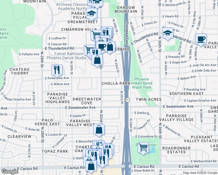 map of restaurants, bars, coffee shops, grocery stores, and more near 3216 East Roveen Avenue in Phoenix