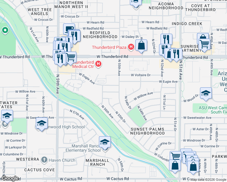 map of restaurants, bars, coffee shops, grocery stores, and more near 13256 North 55th Avenue in Glendale
