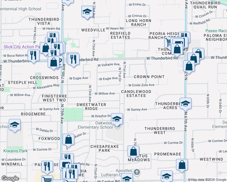 map of restaurants, bars, coffee shops, grocery stores, and more near 7173 West Willow Avenue in Peoria