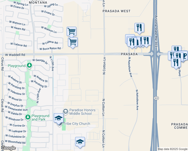 map of restaurants, bars, coffee shops, grocery stores, and more near 12974-13620 North Cotton Lane in Surprise