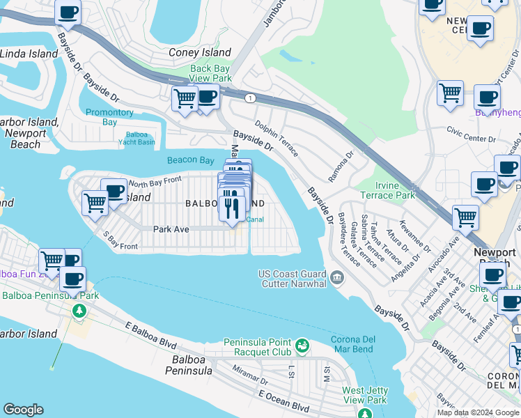 map of restaurants, bars, coffee shops, grocery stores, and more near 204 Abalone Avenue in Newport Beach
