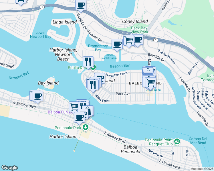 map of restaurants, bars, coffee shops, grocery stores, and more near 204 Collins Avenue in Newport Beach