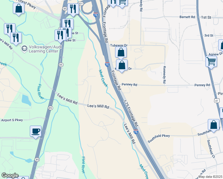 map of restaurants, bars, coffee shops, grocery stores, and more near Interstate 75 in Forest Park