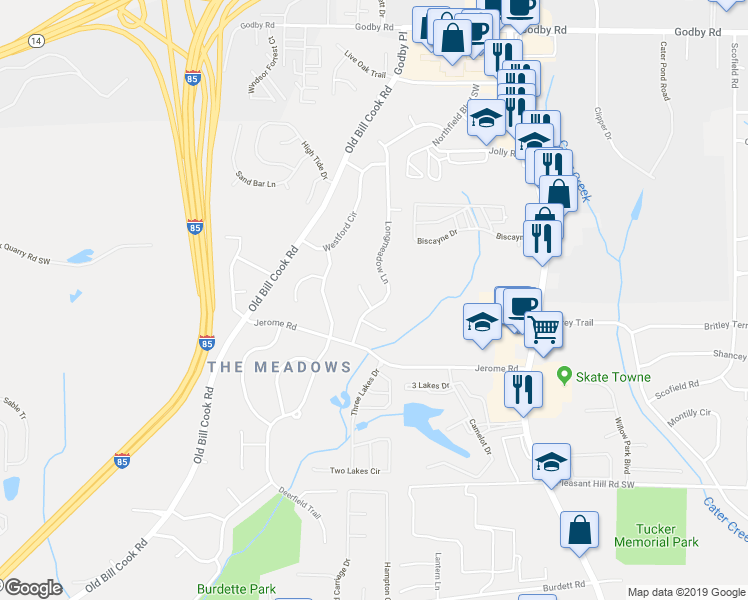 map of restaurants, bars, coffee shops, grocery stores, and more near 5505 Longmeadow Lane in College Park