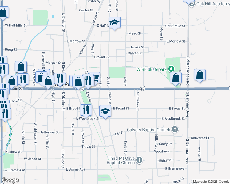 map of restaurants, bars, coffee shops, grocery stores, and more near 204 Calhoun Street in West Point
