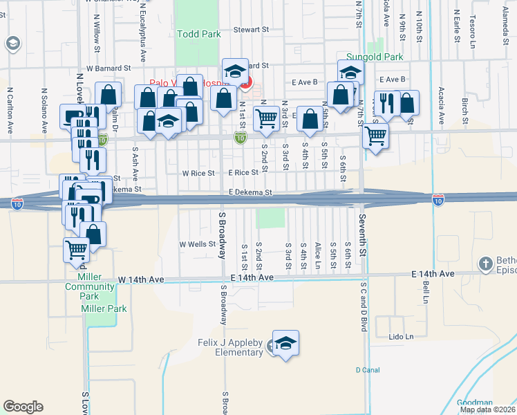 map of restaurants, bars, coffee shops, grocery stores, and more near South 2nd Street in Blythe