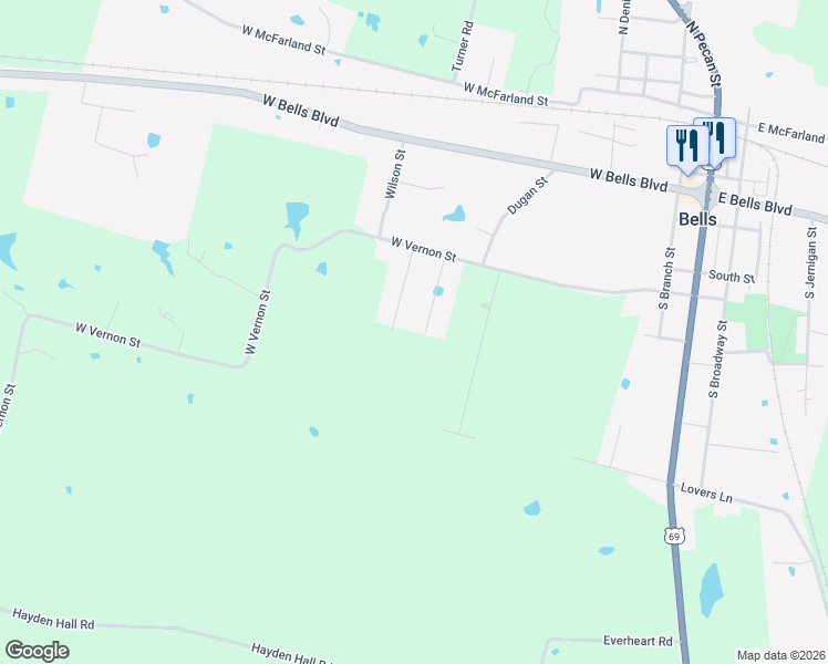 map of restaurants, bars, coffee shops, grocery stores, and more near 411 Sunshine Trail in Bells