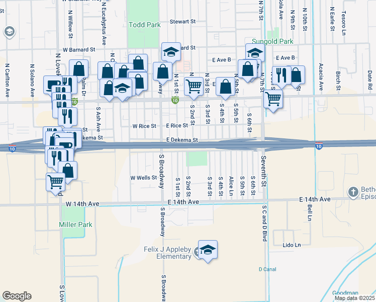 map of restaurants, bars, coffee shops, grocery stores, and more near South 2nd Street in Blythe