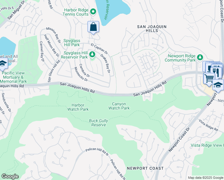 map of restaurants, bars, coffee shops, grocery stores, and more near 2 Drakes Bay Drive in Newport Beach