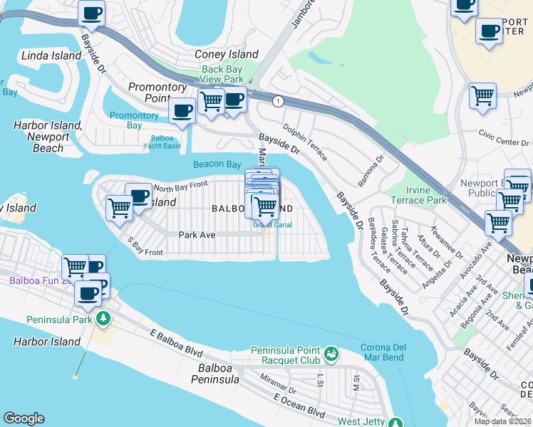 map of restaurants, bars, coffee shops, grocery stores, and more near 204 Marine Avenue in Newport Beach