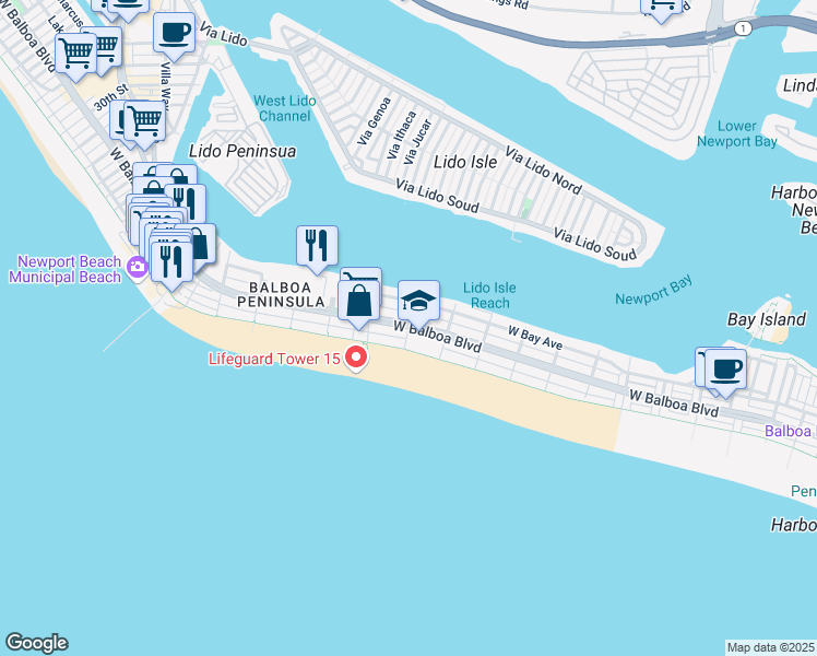 map of restaurants, bars, coffee shops, grocery stores, and more near West Balboa Boulevard & 14th Street in Newport Beach
