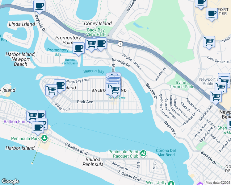 map of restaurants, bars, coffee shops, grocery stores, and more near in Newport Beach