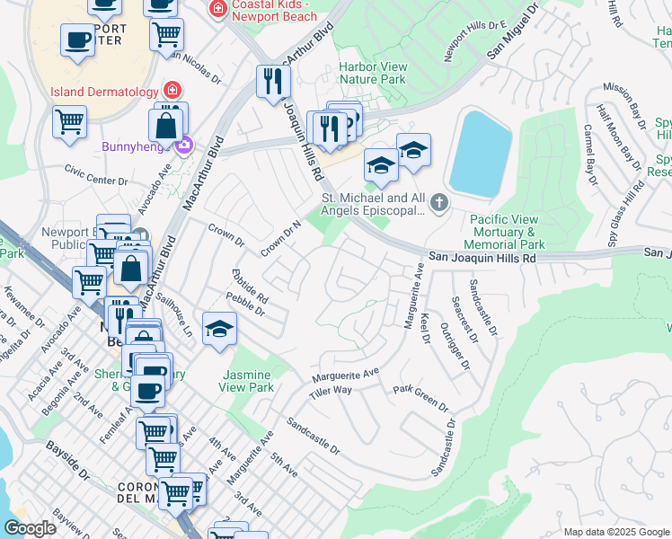 map of restaurants, bars, coffee shops, grocery stores, and more near 5 Curl Drive in Newport Beach