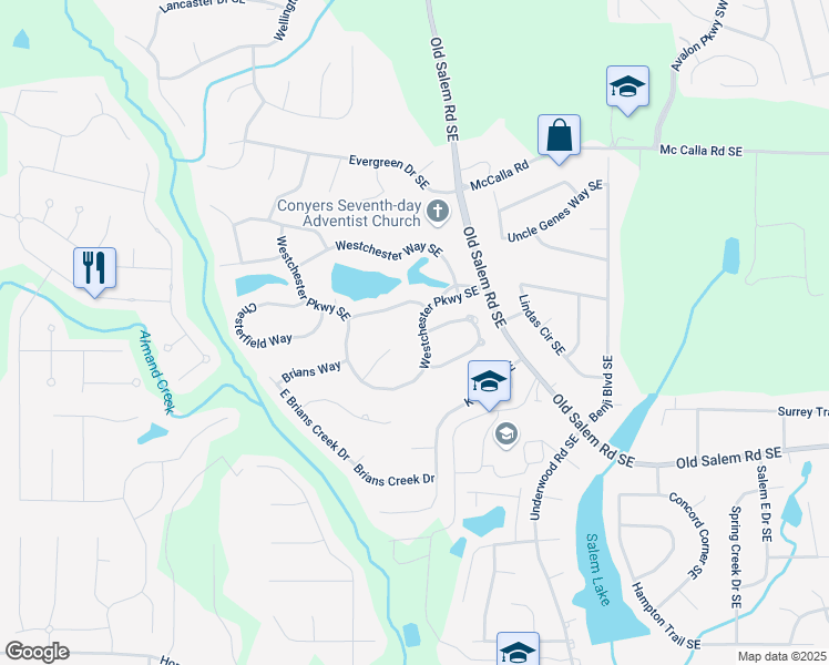 map of restaurants, bars, coffee shops, grocery stores, and more near 2607 Westchester Parkway Southeast in Conyers