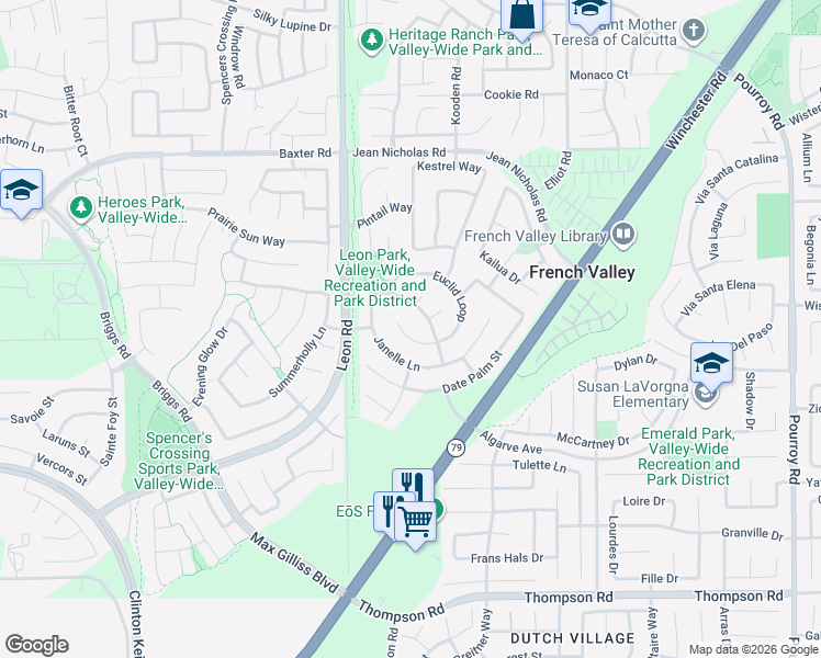 map of restaurants, bars, coffee shops, grocery stores, and more near 35495 Azalea Circle in Winchester