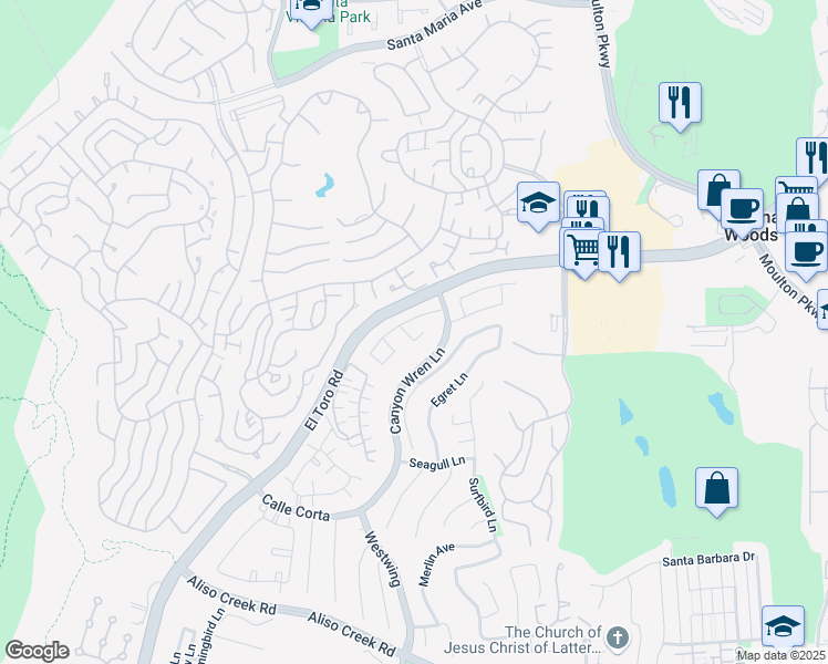 map of restaurants, bars, coffee shops, grocery stores, and more near 9 Nutcracker Lane in Aliso Viejo