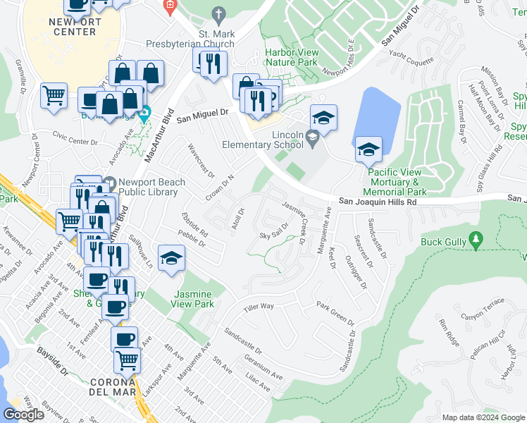 map of restaurants, bars, coffee shops, grocery stores, and more near 5 Curl Drive in Newport Beach