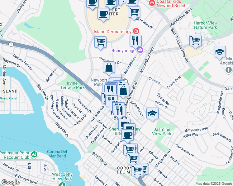 map of restaurants, bars, coffee shops, grocery stores, and more near 800-984 Avocado Avenue in Newport Beach