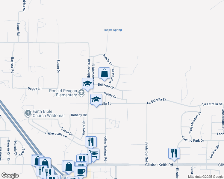 map of restaurants, bars, coffee shops, grocery stores, and more near 24203 Brillante Drive in Wildomar