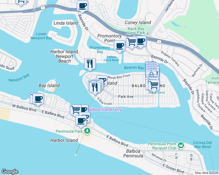 map of restaurants, bars, coffee shops, grocery stores, and more near 212 Opal Avenue in Newport Beach