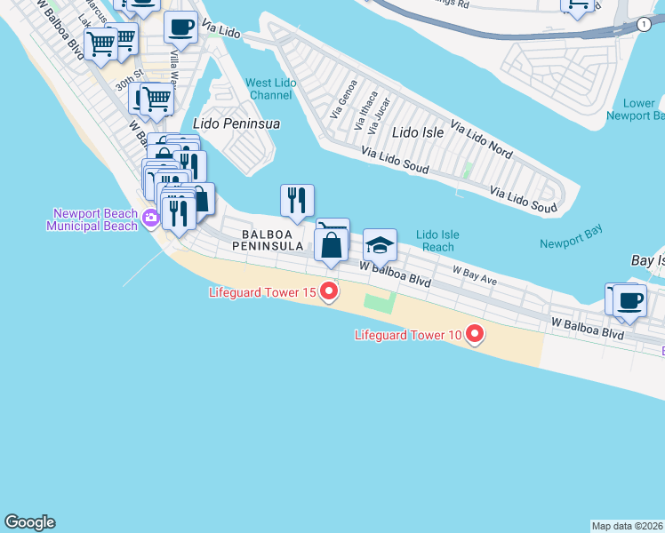 map of restaurants, bars, coffee shops, grocery stores, and more near 211 15th Street in Newport Beach