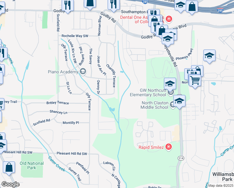 map of restaurants, bars, coffee shops, grocery stores, and more near 5330 Chantilly Terrace in Atlanta