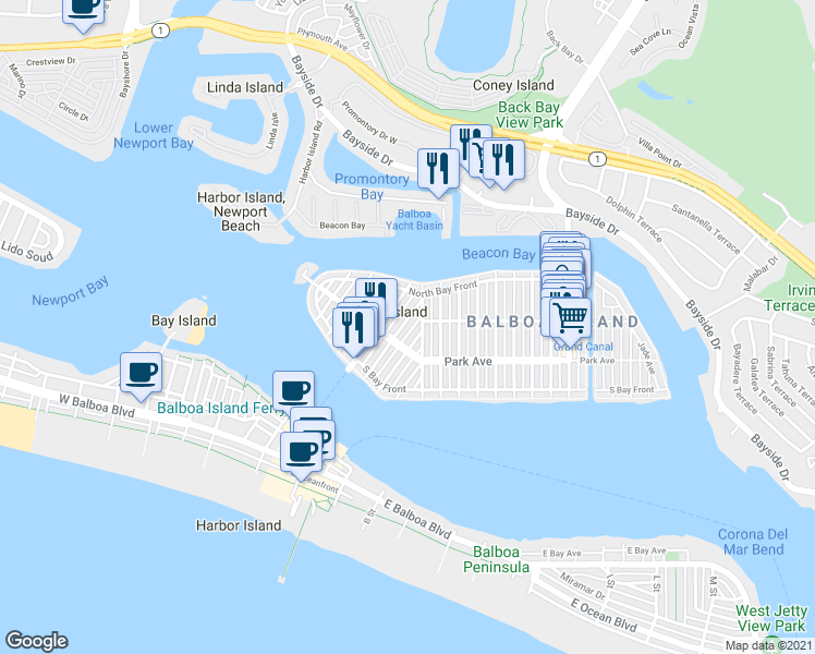 map of restaurants, bars, coffee shops, grocery stores, and more near 212 Opal Avenue in Newport Beach