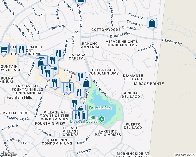 map of restaurants, bars, coffee shops, grocery stores, and more near Lake Overlook Trail in Fountain Hills