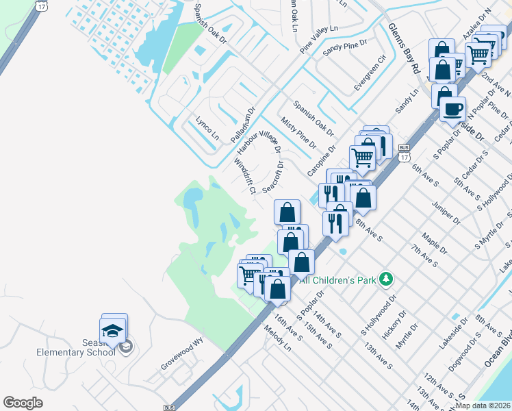 map of restaurants, bars, coffee shops, grocery stores, and more near 1500 Docksider Court in Myrtle Beach