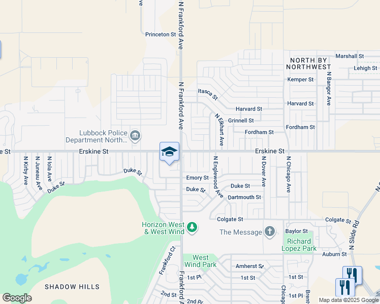 map of restaurants, bars, coffee shops, grocery stores, and more near 5709 Fordham Street in Lubbock