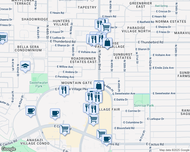 map of restaurants, bars, coffee shops, grocery stores, and more near 4731 East Willow Avenue in Phoenix