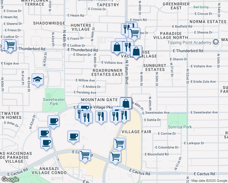 map of restaurants, bars, coffee shops, grocery stores, and more near 4701 East Willow Avenue in Phoenix