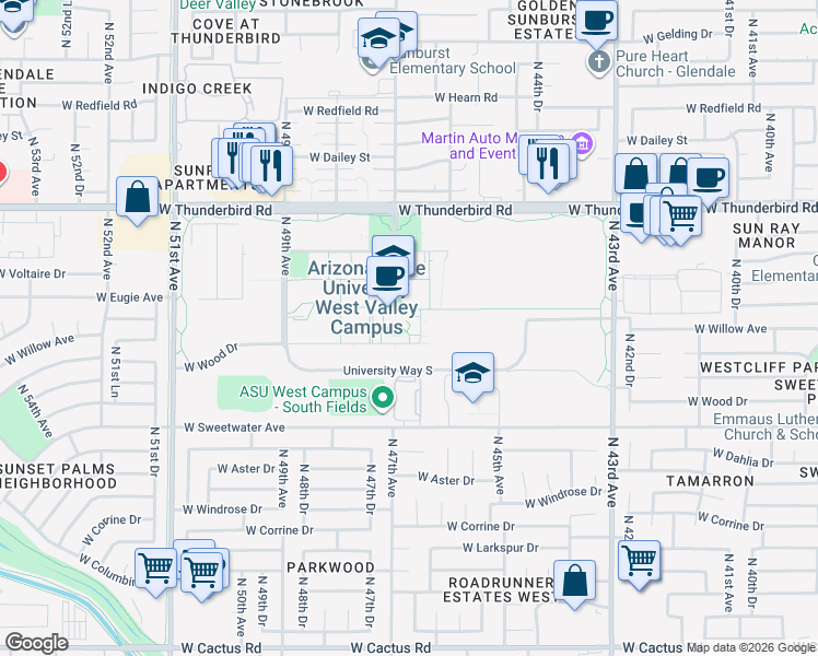 map of restaurants, bars, coffee shops, grocery stores, and more near 4701 West Thunderbird Road in Glendale