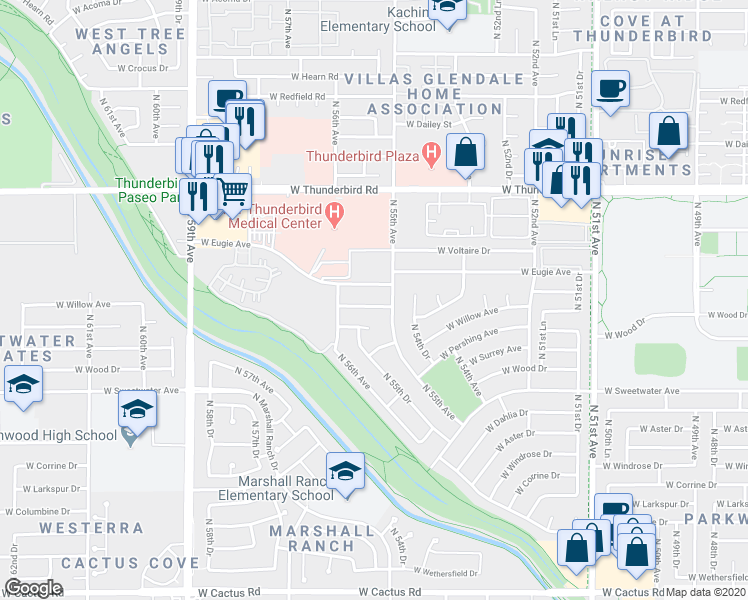 map of restaurants, bars, coffee shops, grocery stores, and more near 5501 West Eugie Avenue in Glendale