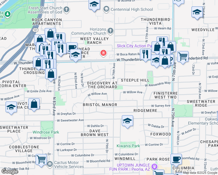 map of restaurants, bars, coffee shops, grocery stores, and more near 7977 West Wacker Road in Peoria