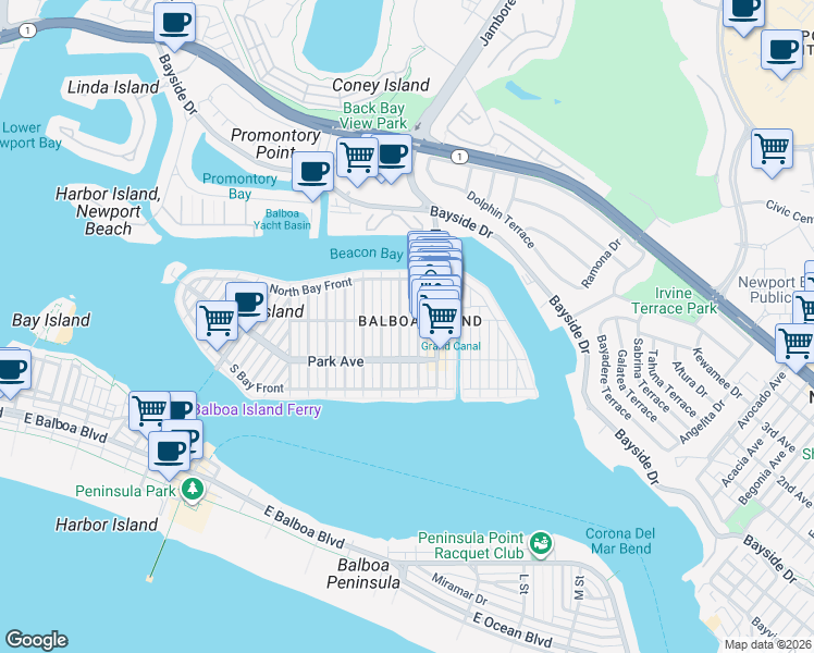 map of restaurants, bars, coffee shops, grocery stores, and more near 310 Amethyst Avenue in Newport Beach