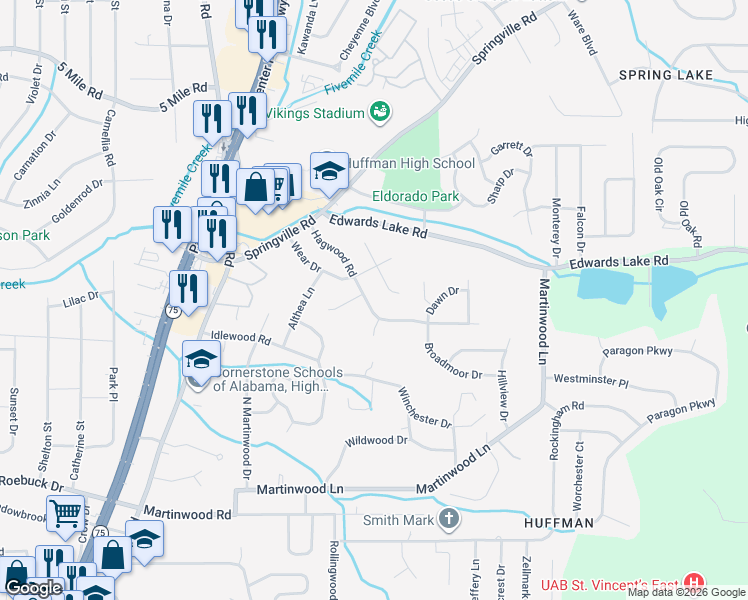 map of restaurants, bars, coffee shops, grocery stores, and more near 909 Pine Forest Circle in Birmingham