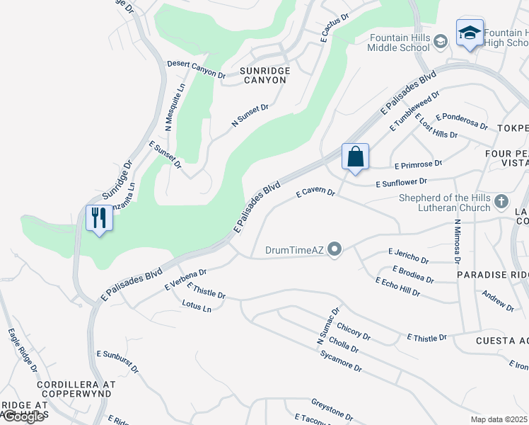 map of restaurants, bars, coffee shops, grocery stores, and more near 15482 East Cavern Drive in Fountain Hills