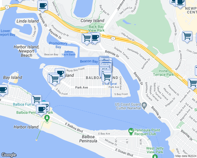 map of restaurants, bars, coffee shops, grocery stores, and more near 224 Amethyst Avenue in Newport Beach