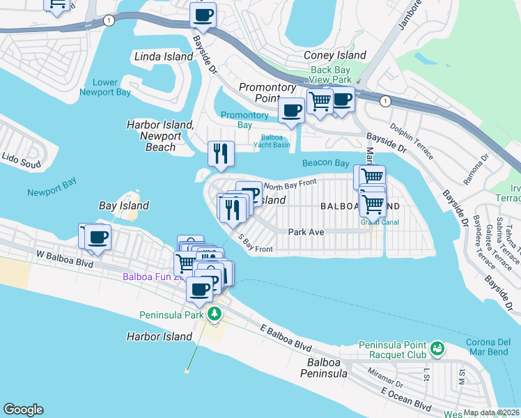 map of restaurants, bars, coffee shops, grocery stores, and more near 209 Opal Avenue in Newport Beach