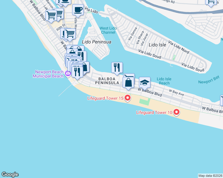 map of restaurants, bars, coffee shops, grocery stores, and more near in Newport Beach