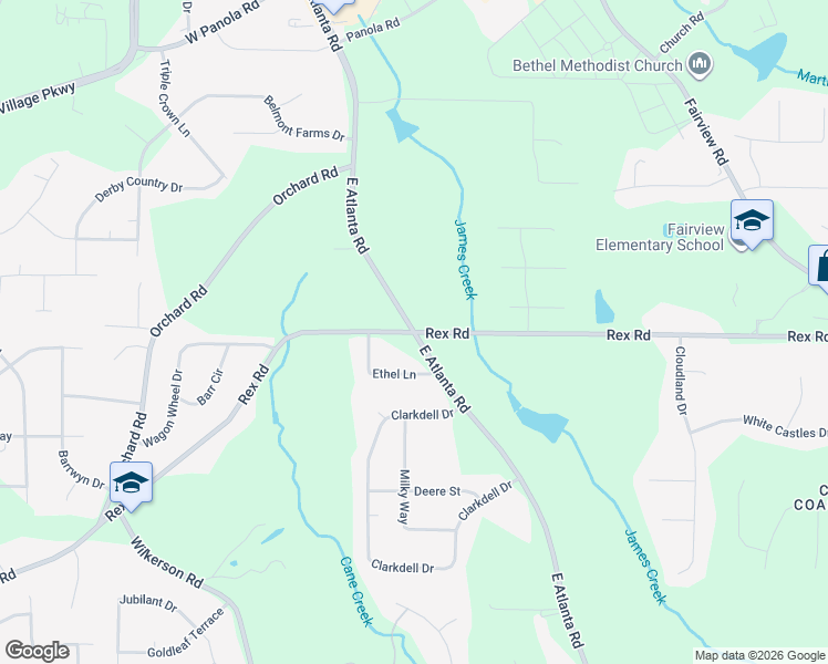 map of restaurants, bars, coffee shops, grocery stores, and more near 2500 East Atlanta Road in Stockbridge
