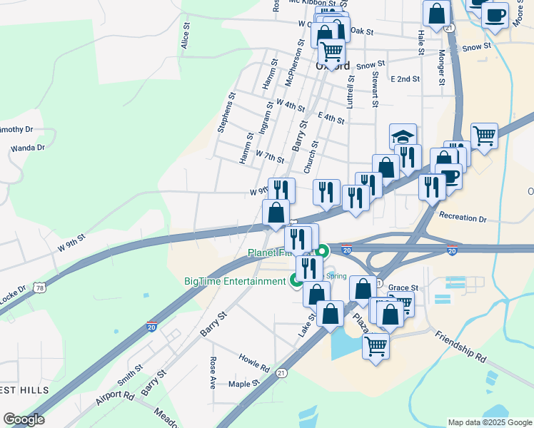 map of restaurants, bars, coffee shops, grocery stores, and more near 1400 Barry Street in Oxford