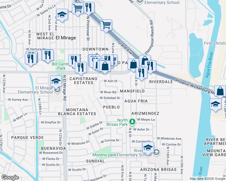 map of restaurants, bars, coffee shops, grocery stores, and more near 12006 West Palo Verde Road in El Mirage